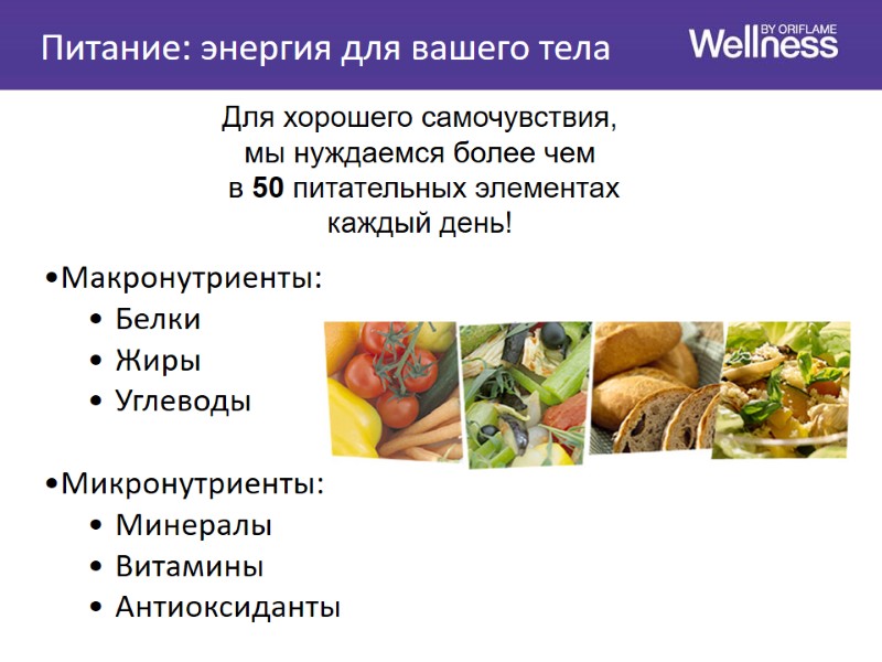 Питание: энергия для вашего тела  Макронутриенты: Белки Жиры Углеводы  Микронутриенты: Минералы Витамины